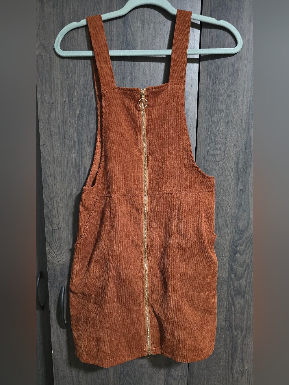 SHEIN Burnt Orange Corduroy Zip-Front Mini Jumper Dress Size Small With Pockets